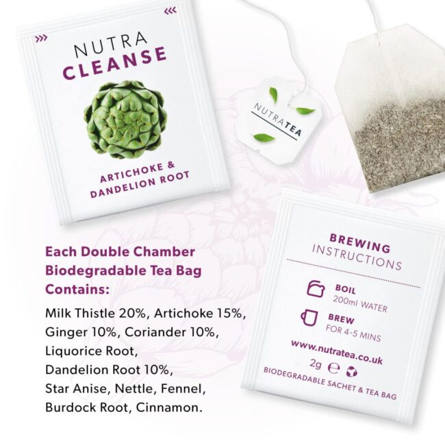 NutraTea Artichoke and Dandelion Root Tea bag with ingredient's list and how to make