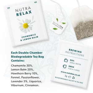 NutraTea Chamomile and Lemon Balm Tea bag with ingredient's list and how to make