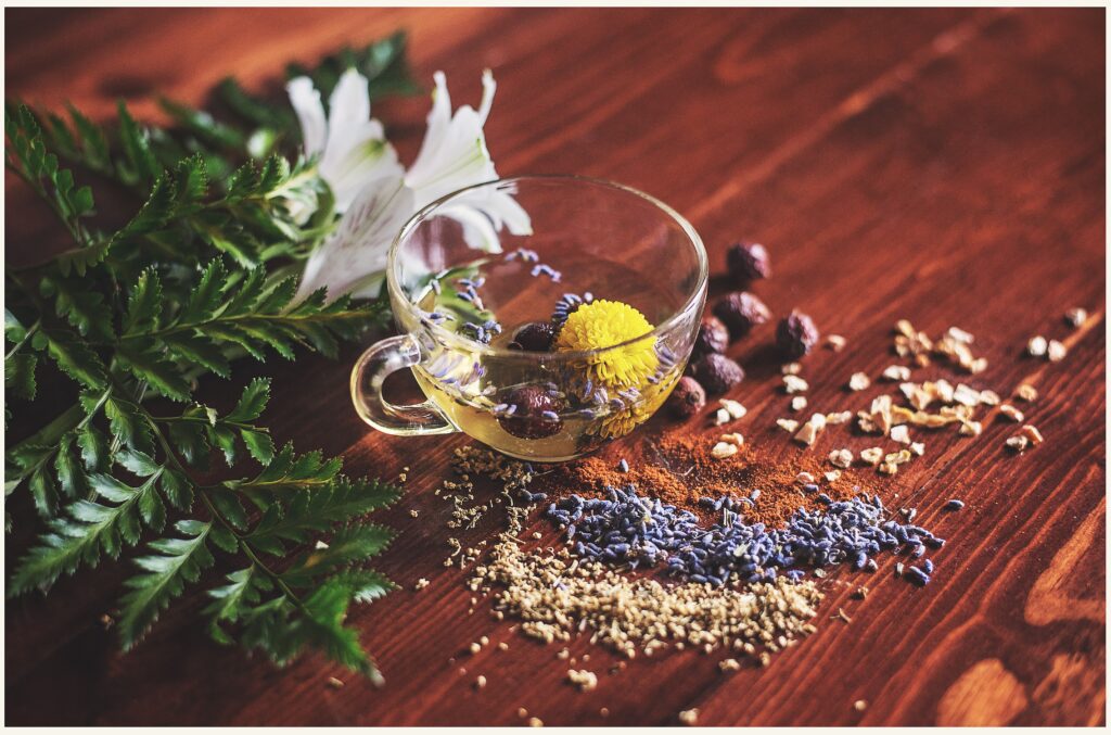 Herbal tea on a dark wooden background