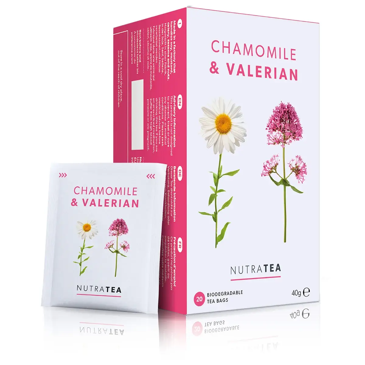 A box of NutraTea Chamomile and Valerian herbal blend tea bags.