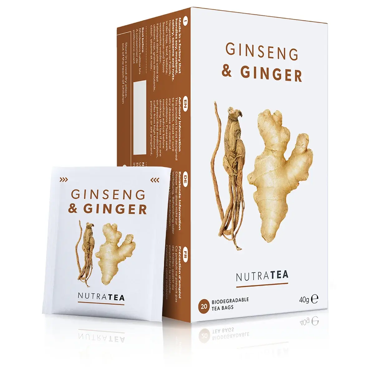A box of NutraTea Ginseng and Ginger herbal tea bags for health and wellbeing.