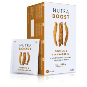 A box of NutraTea NutraBoost herbal tea for fitness with Ginseng and Ashwagandha. 