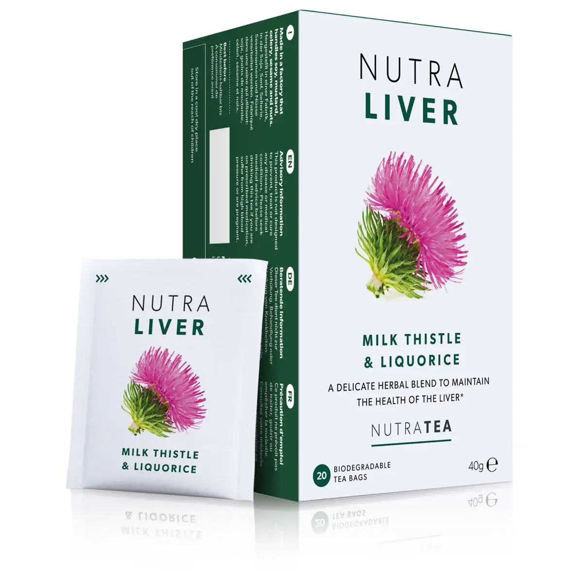 A box of NutraLiver herbal blend tea bags for detox and liver health.