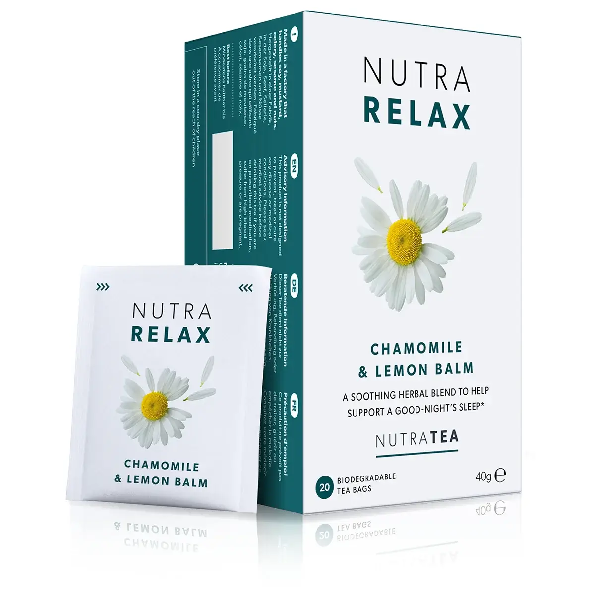 A box of NutraRelax herbal tea bags for calm and relaxation.