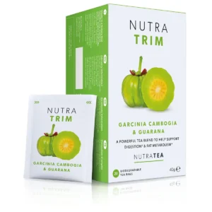 A box of NutraTea NutraTrim herbal tea for fitness with garcinia, cambogia, and guarana.