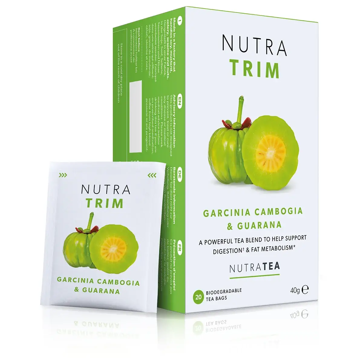 A box of NutraTea NutraTrim herbal tea bags for weight management.