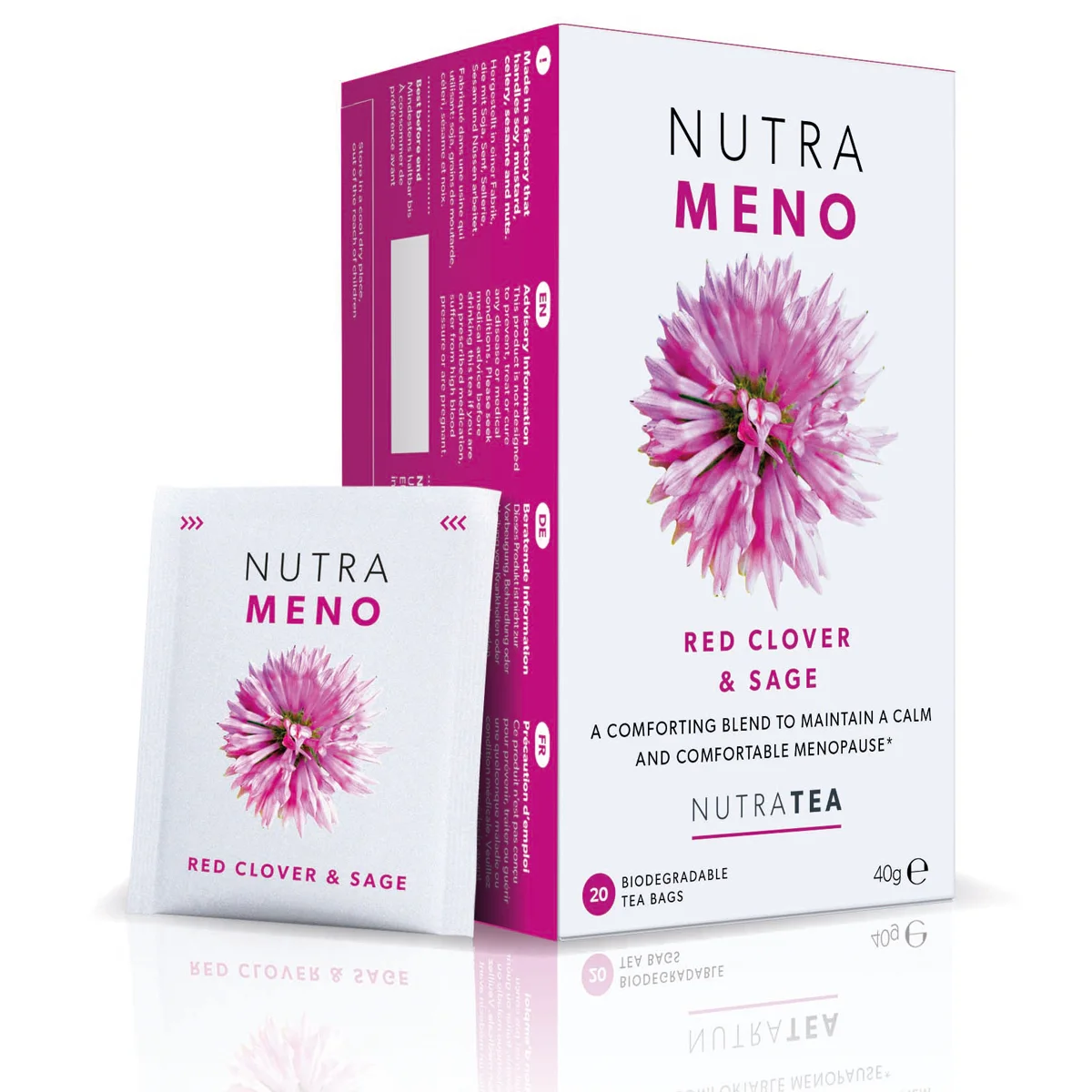 A box of NutraTea NutraMeno herbal blend tea bags