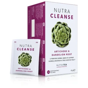 A box of NutraTea NutraCleanse herbal blend tea bags with Artichoke and Dandelion Root. 