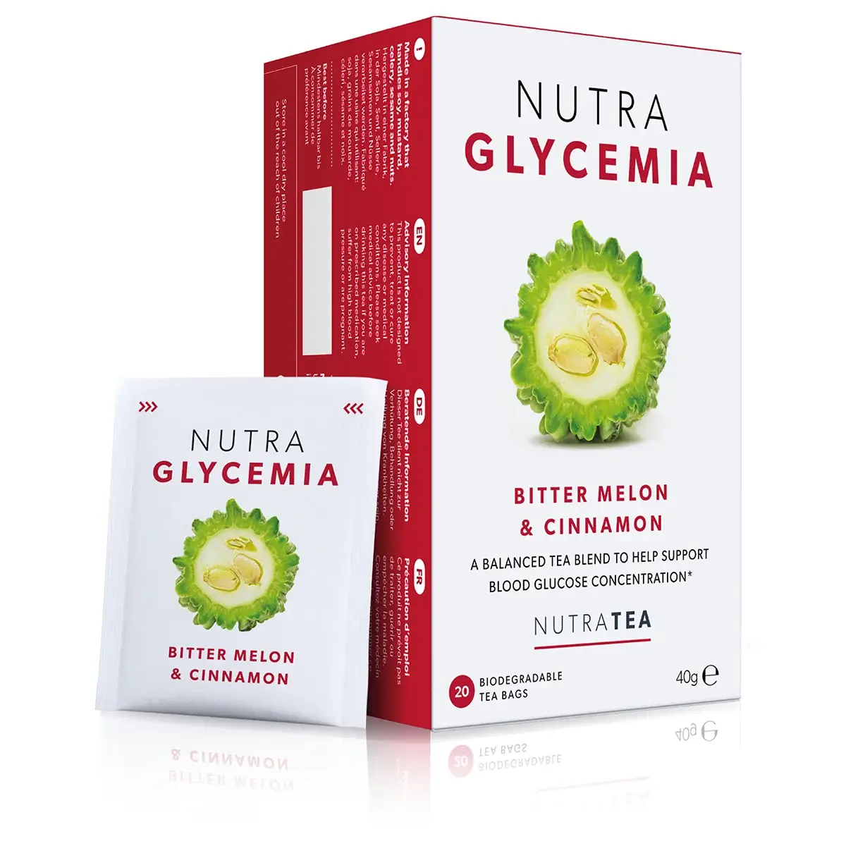 A box of NutraTea Nutra Glycemia herbal blend tea bags