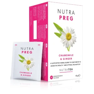 A box of NutraTea NutraPreg chamomile and ginger herbal blend tea bags