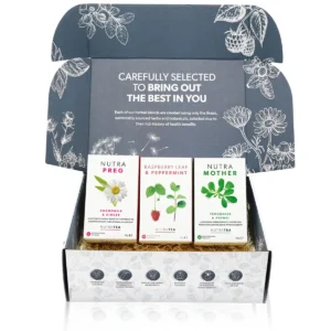 A pregnancy wellness gift box containing 3 different NutraTea blends