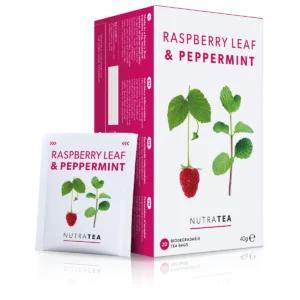 A box of raspberry leaf and spearmint herbal blend tea bags