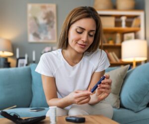 A woman tests her blood sugar levels