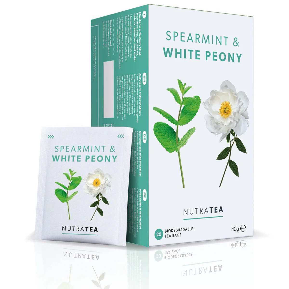 A box of NutraTea Spearmint and White Peony tea bags
