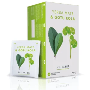 A box of NutraTea Yerba Mate + Gotu Kola herbal tea bags 