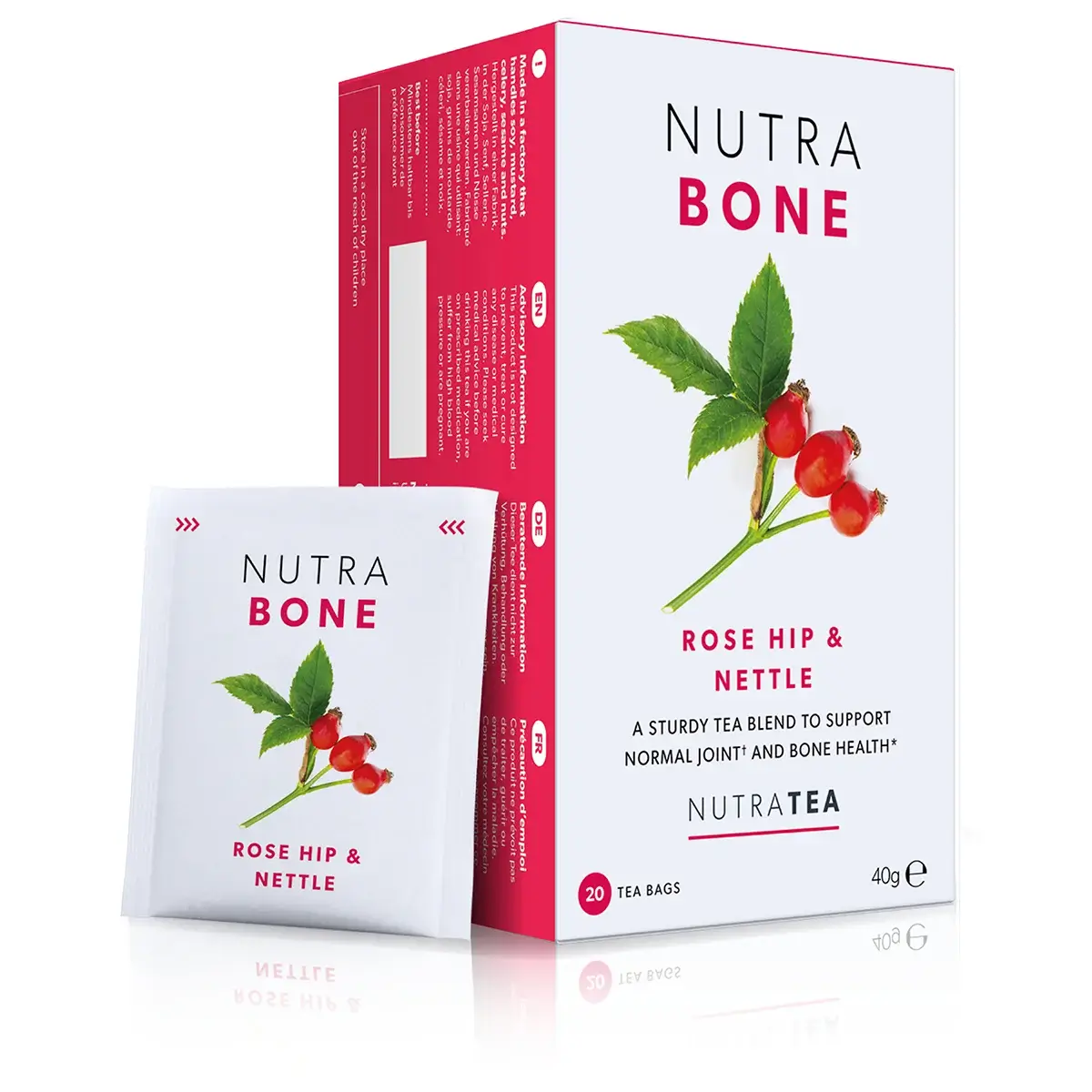 A box of NutraTea NutraBone herbal blend tea bags.