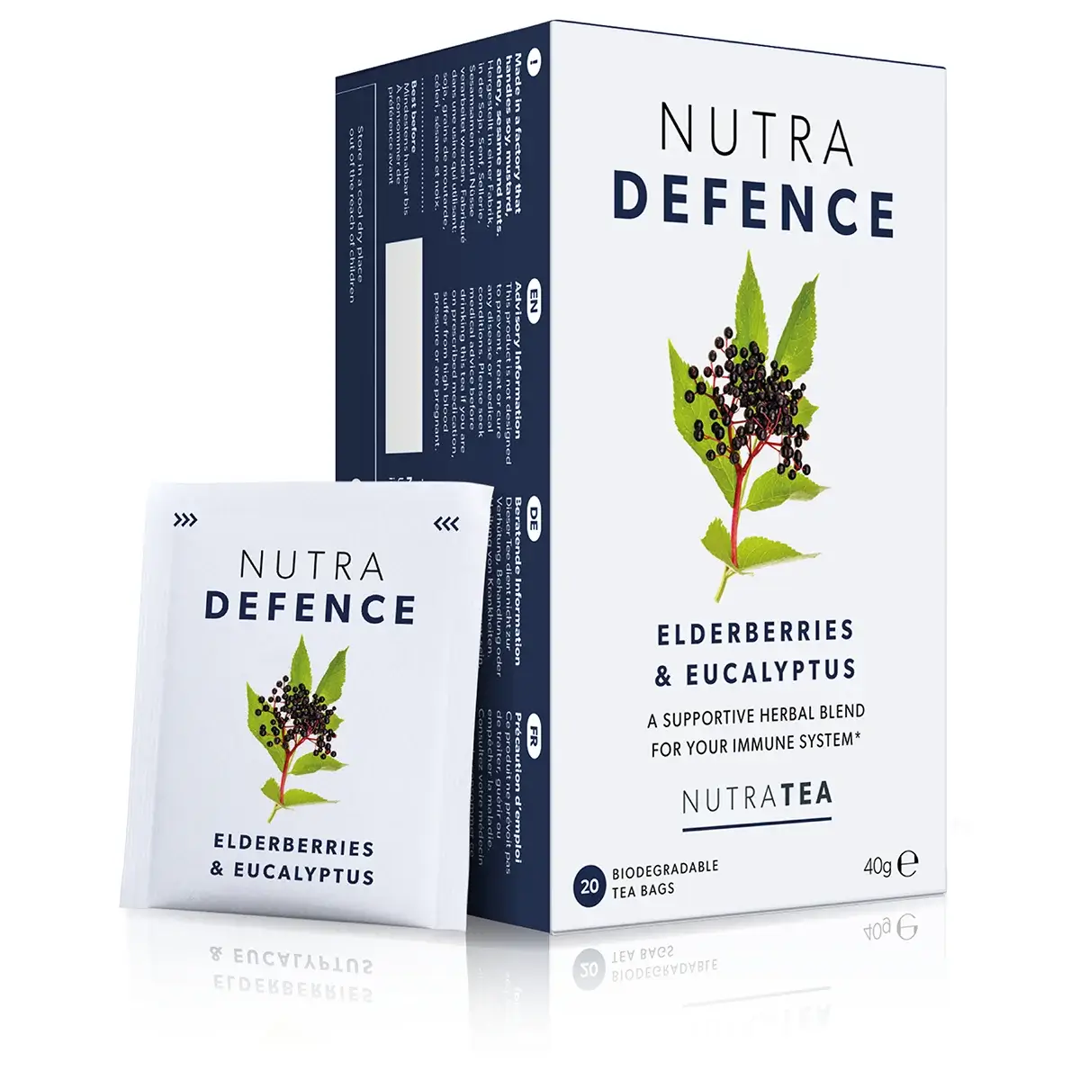 A box of NutraTea NutraDefence herbal blend tea bags.