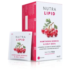 A box of NutraTea NutraLipid herbal blend tea bags. 