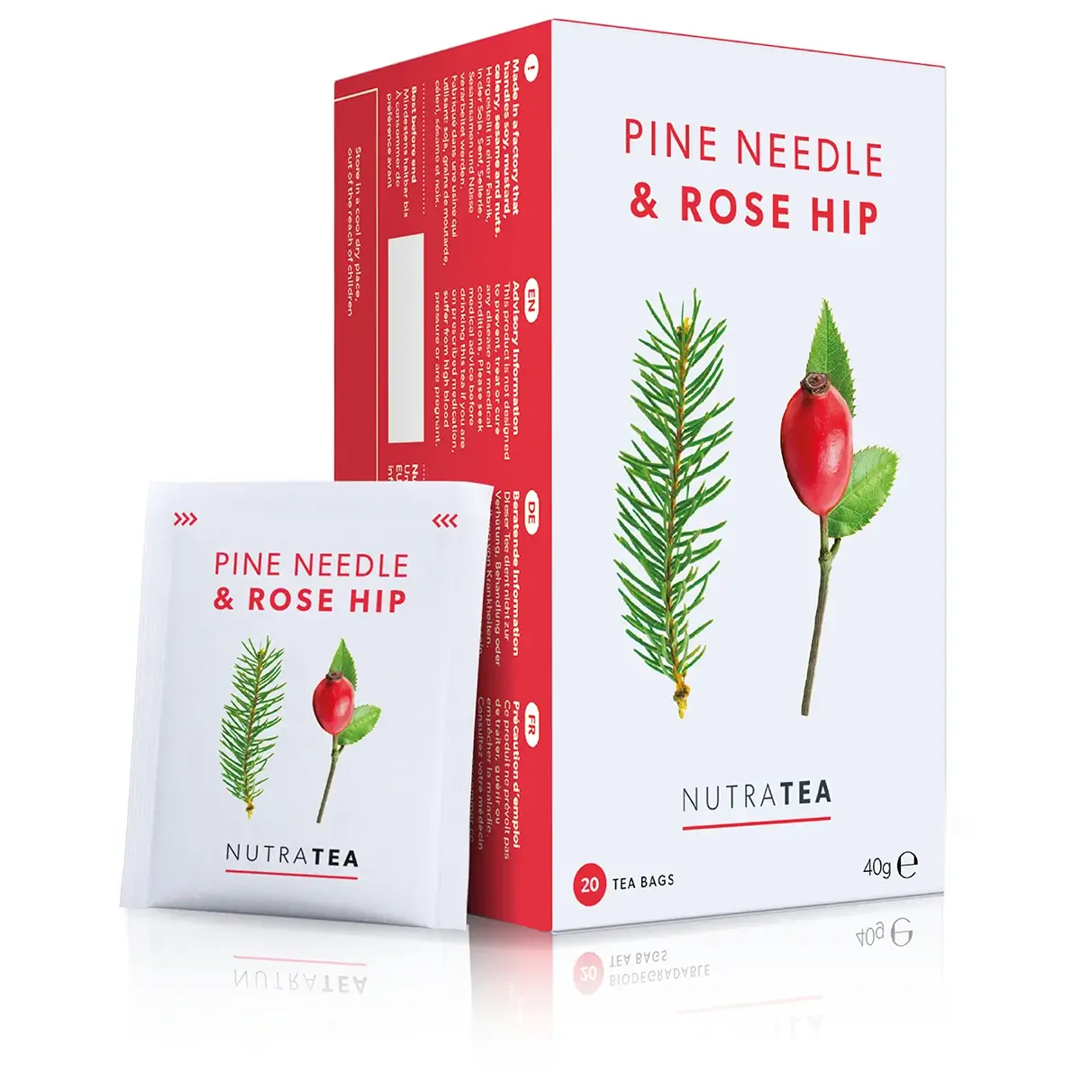 a box of NutraTea Pine Needle and Rose Hip herbal blend tea bags.