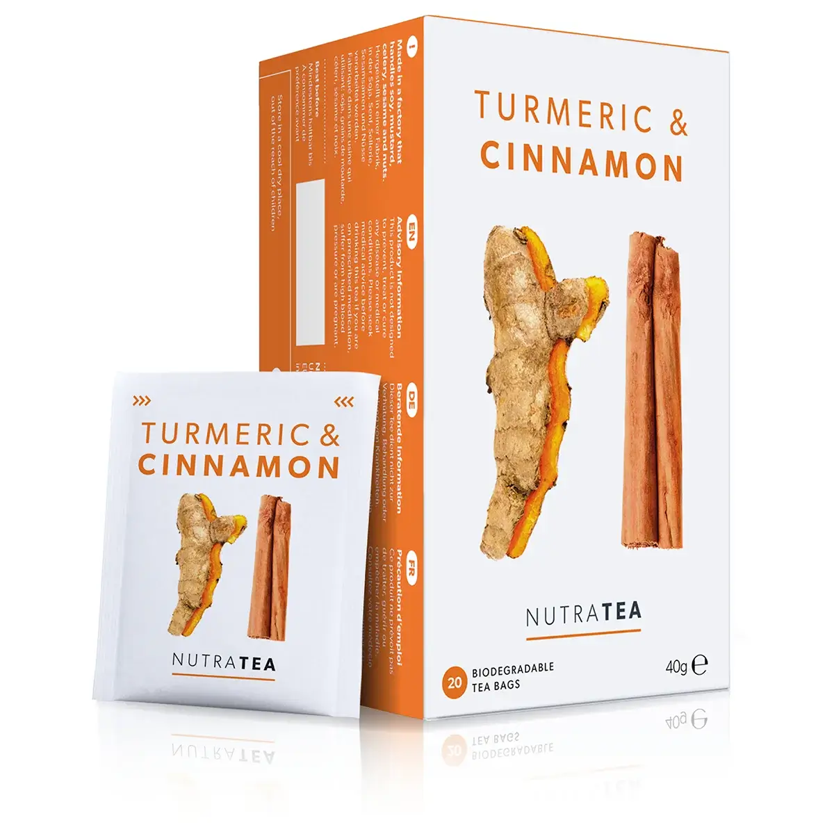 A box of NutraTea Turmeric & Cinnamon Herbal blend tea bags
