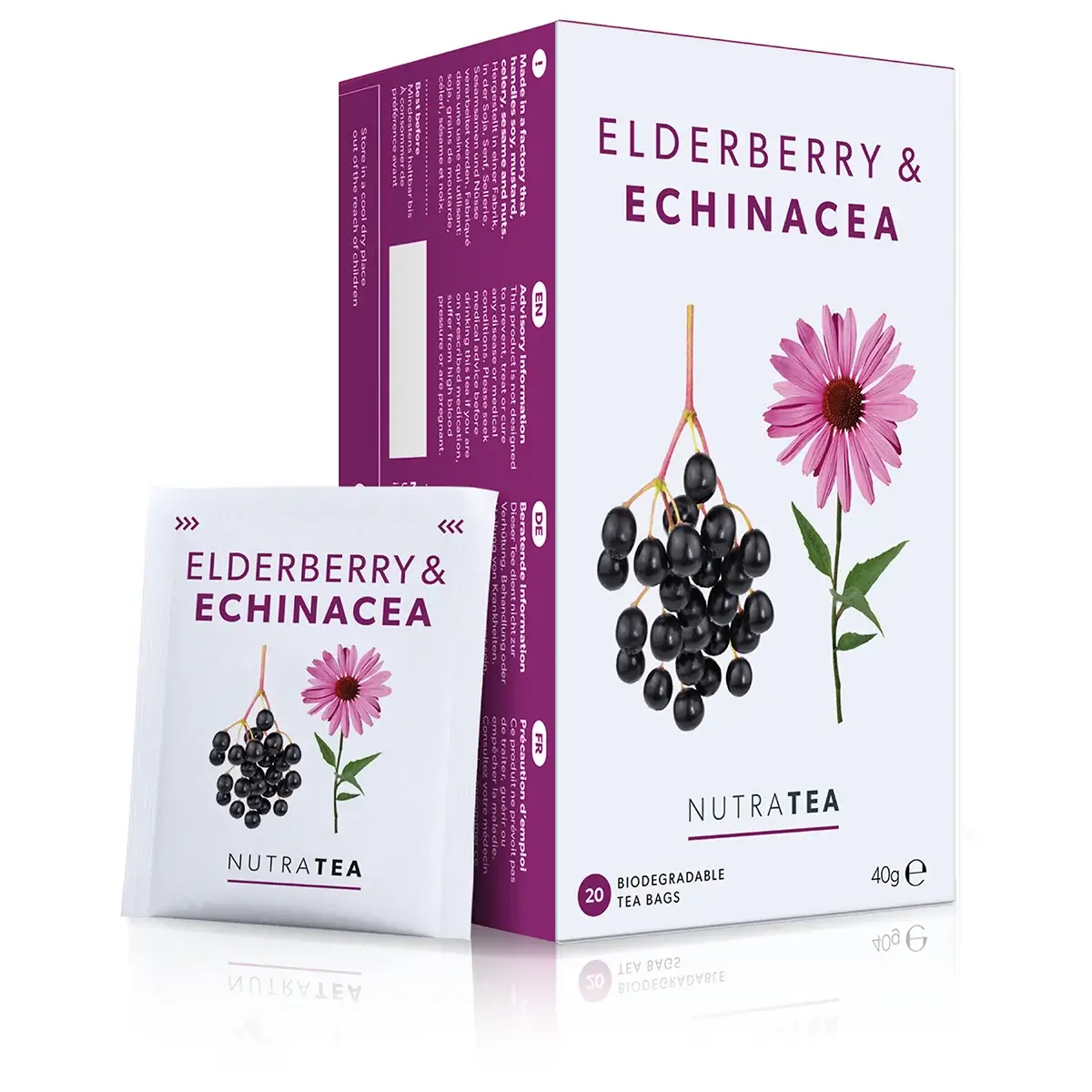 A box of NutraTea Elderberry and Echinacea herbal blend tea bags