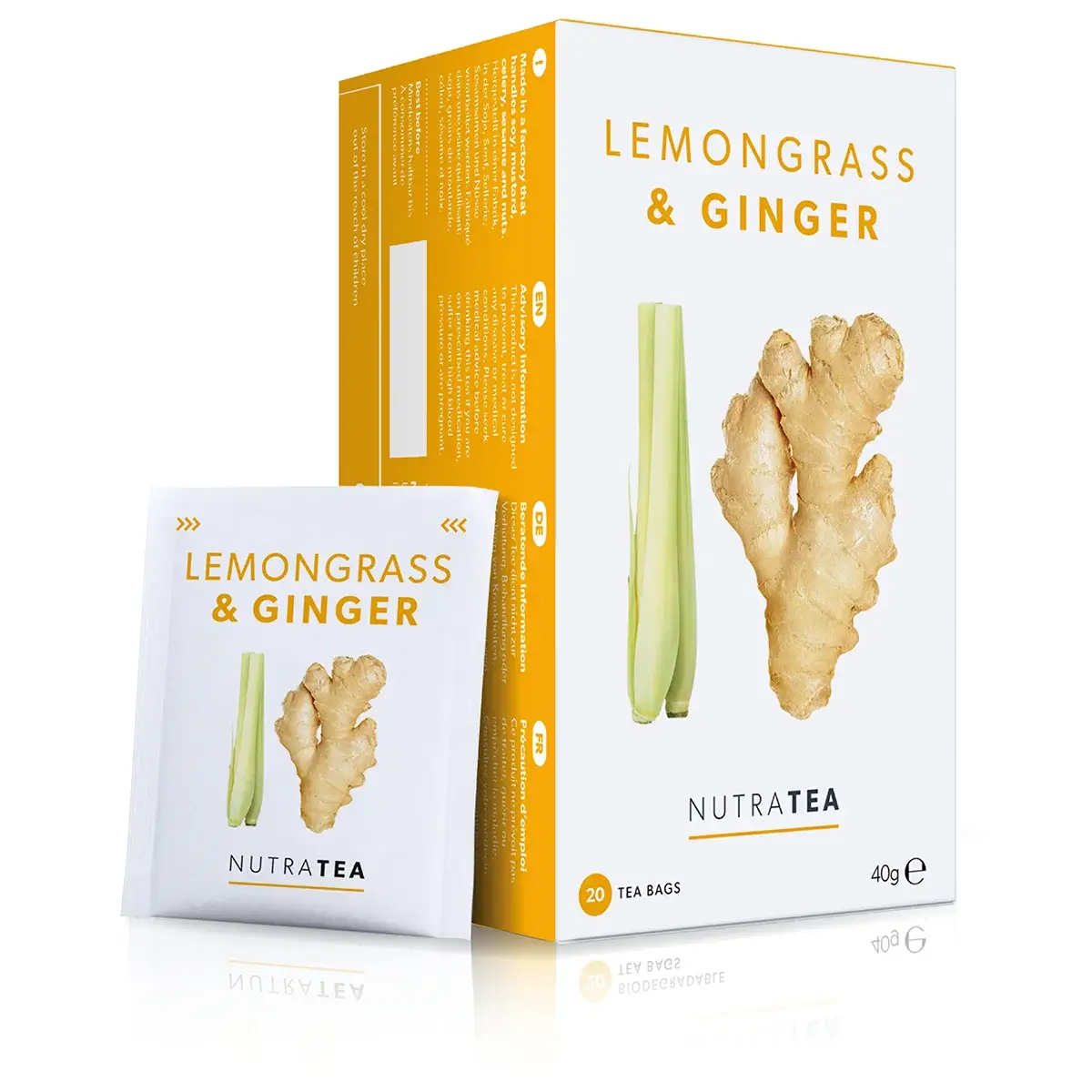 A box of NutraTea Lemongrass and Ginger herbal blend teabags