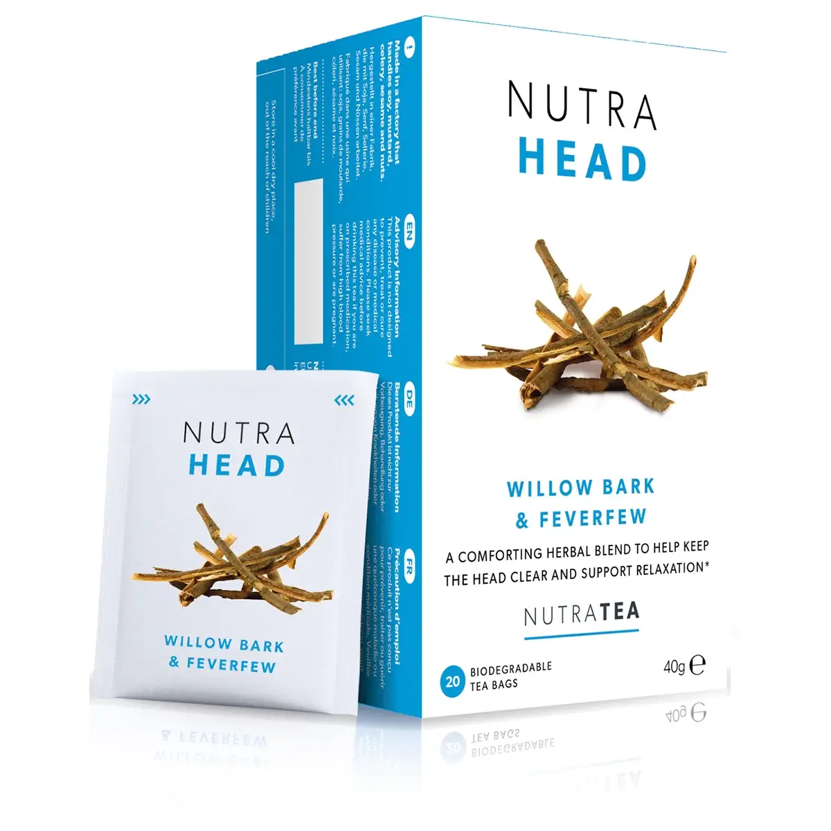 A box of NutraTea NutraHead herbal blend tea bags.
