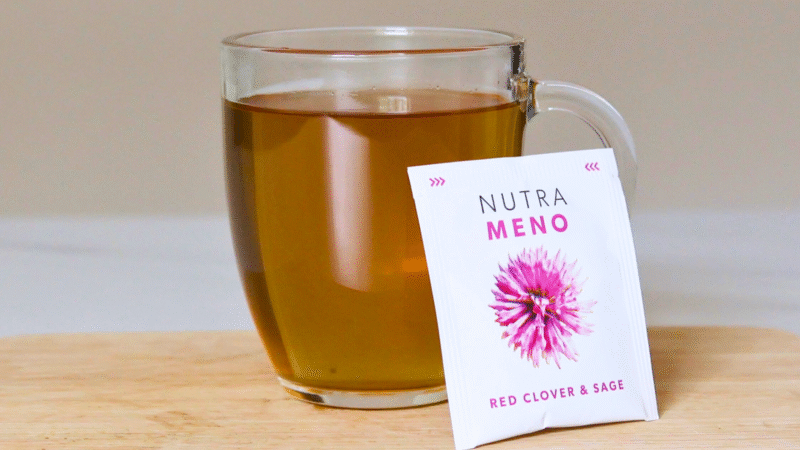 A cup of NutraTea NutraMeno herbal blend tea