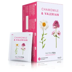 A box of NutraTea Chamomile and Valerian herbal blend tea bags