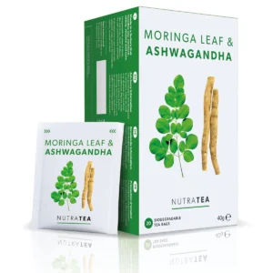A box of NutraTea Moringa Leaf & Ashwagandha herbal blend tea bags