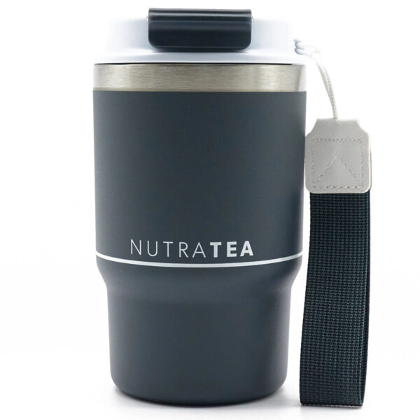 NutraTea Travel Mug in grey with carry strap and flip lid