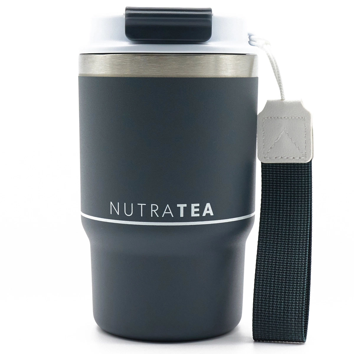 NutraTea Travel Mug in grey with carry strap and flip lid