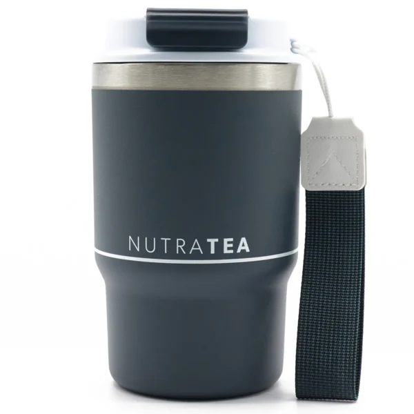 NutraTea Travel Mug in grey with carry strap and flip lid