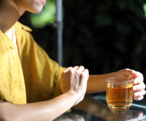 Dandelion root tea made from roasted dandelion root (Taraxacum officinale)
