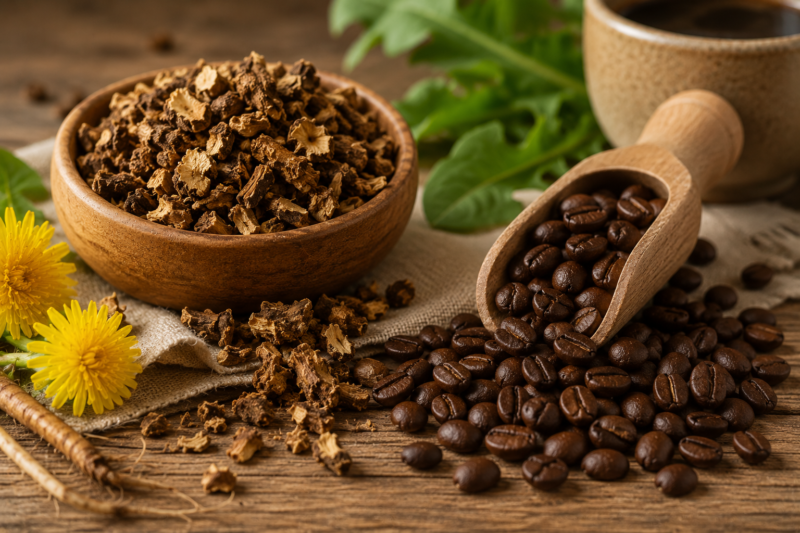 Roasted dandelion root used as a caffeine-free coffee alternative