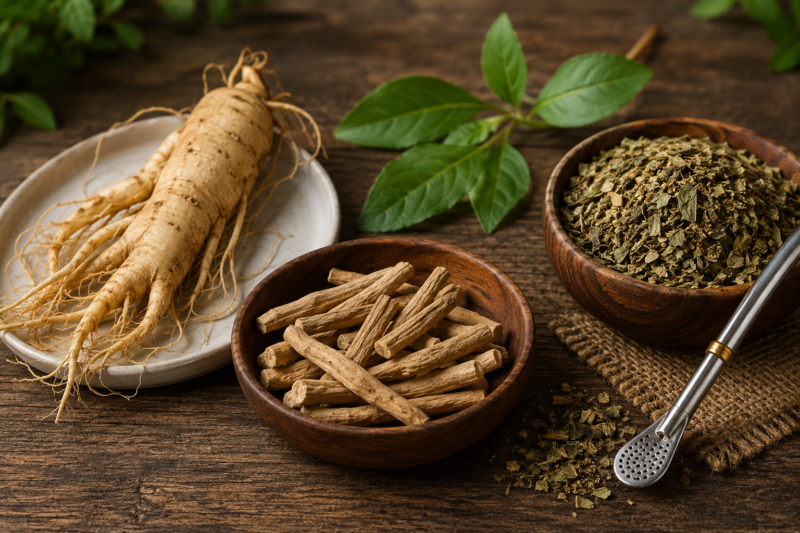 Herbal teas for natural energy with Yerba Mate, moringa and ginger